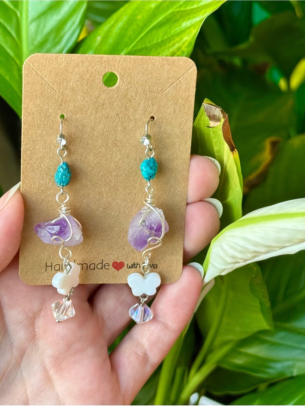 Handmade RAW AMETHYST + MAGNESITE + MOTHER OF PEARL Butterfly Dangle Earrings